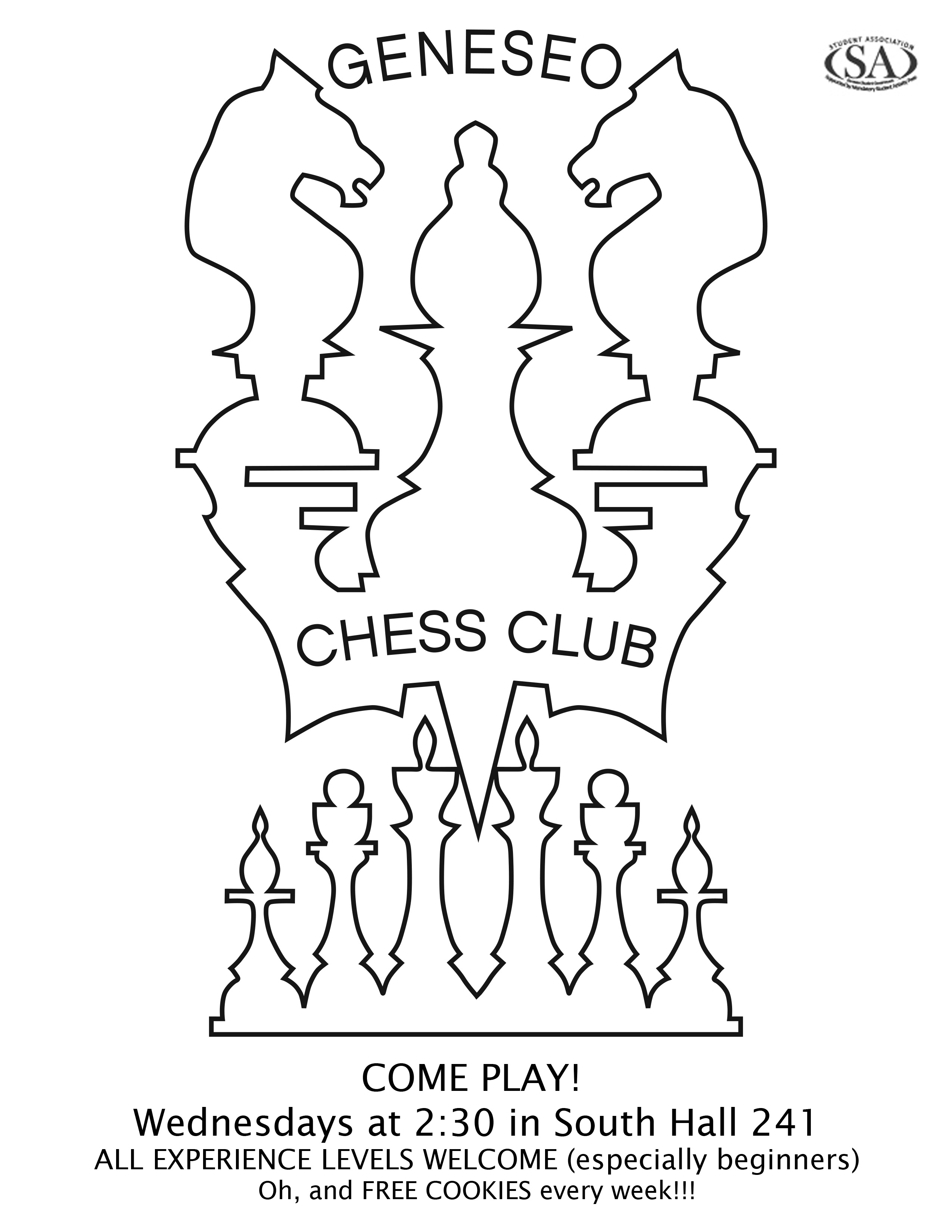 A poster we used for promoting our meetings. The logo was generated using a reference image from an old Russian book on chess that I found in the office of our faculty advisor, [Dr. Kedzierawski](https://www.geneseo.edu/math/kedziera).